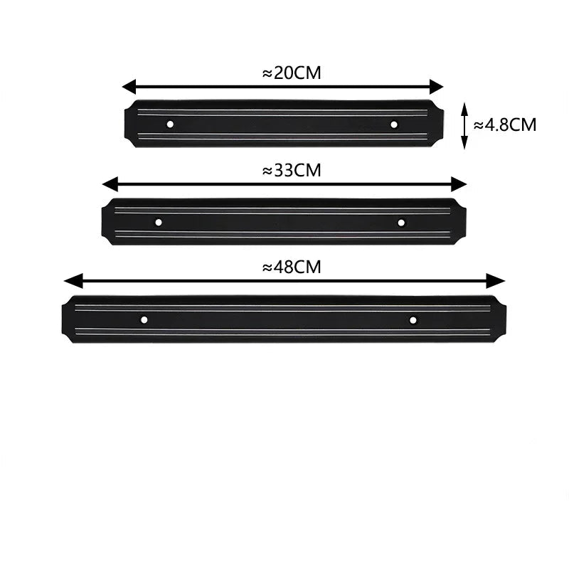 Barre Magnétique Couteaux Inox – 20/33/38 cm. Trois barres magnétiques inox noires avec trous de fixation et dimensions indiquées