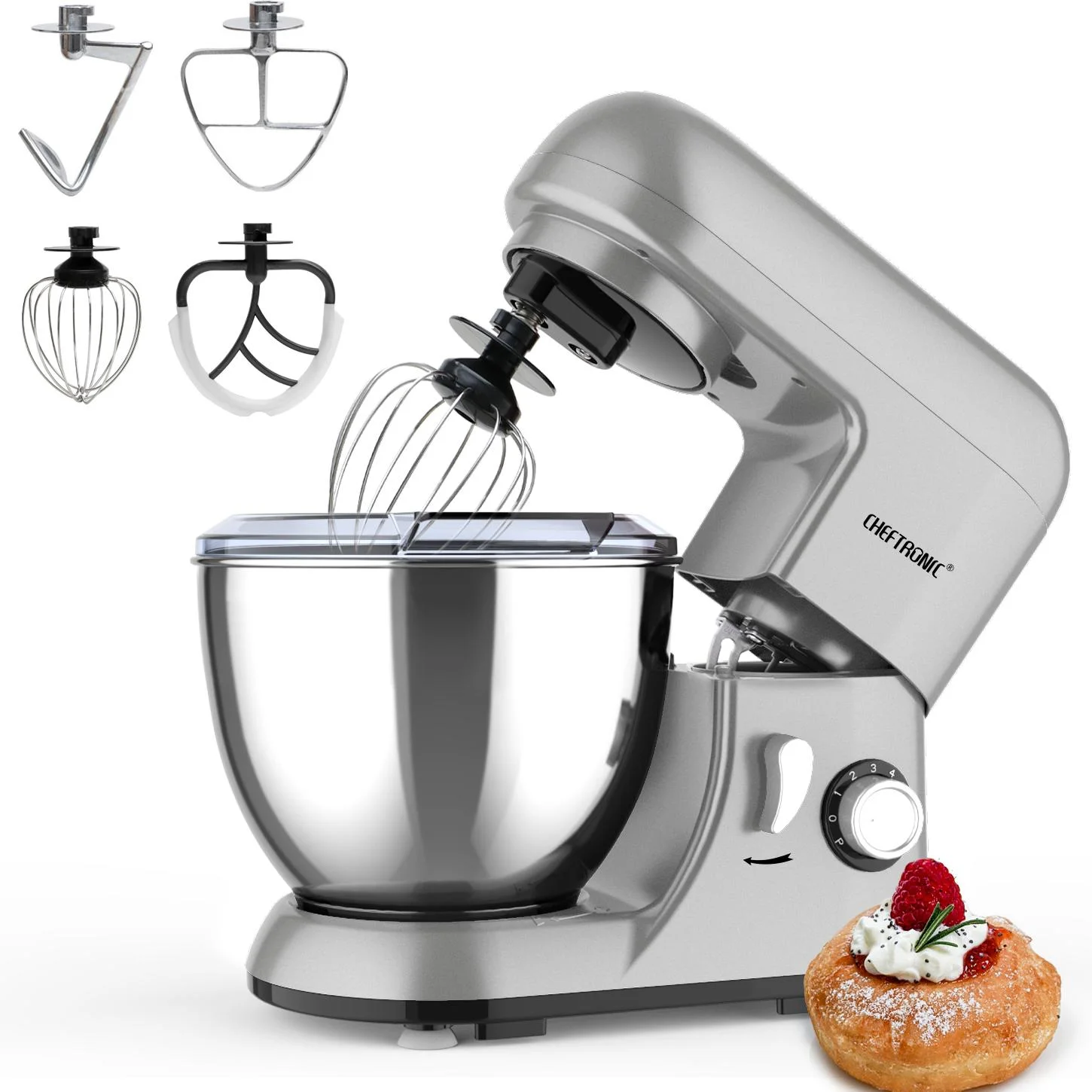 Robot Pâtissier Puissant 1300W Cheftronic gris avec bol inox et accessoires de pâtisserie inclus