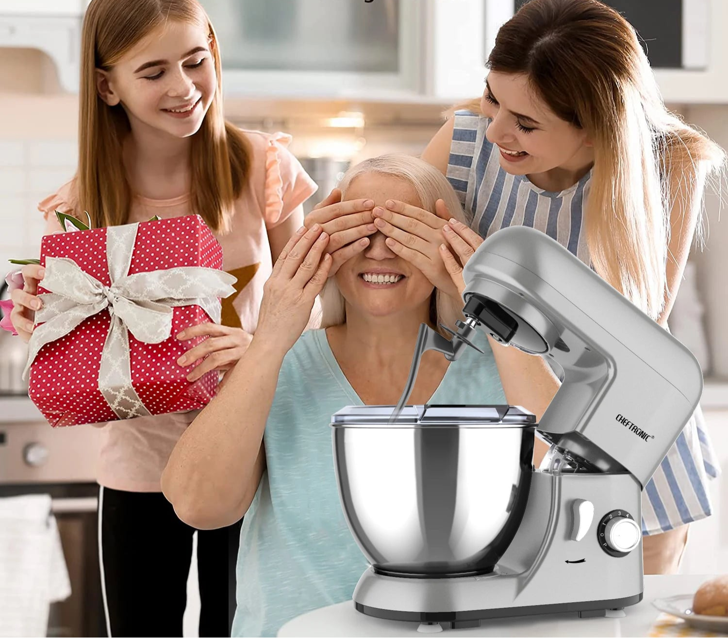 Robot Pâtissier Puissant 1300W Cheftronic argent avec grand bol inox dans une cuisine moderne