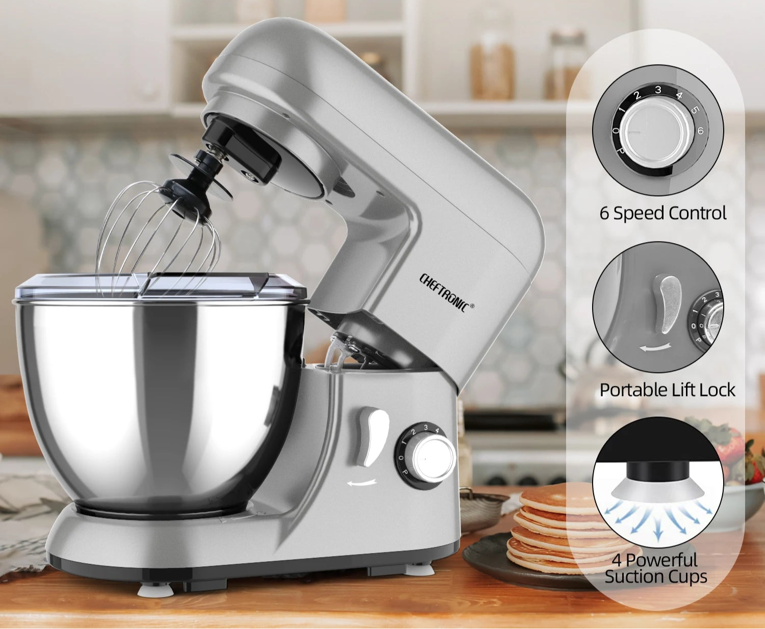 Robot Pâtissier Puissant 1300W Cheftronic gris avec bol inox et fouet pour cuisine Ustensile de chef