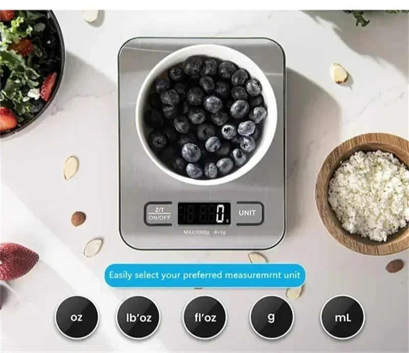 Balance de Cuisine Numérique Précise avec bol blanc rempli de myrtilles et options d unités de mesure