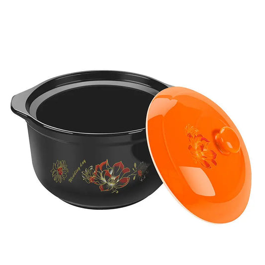 Cocotte en Céramique – 18 & 21 cm noire avec motifs floraux et couvercle orange décoratif