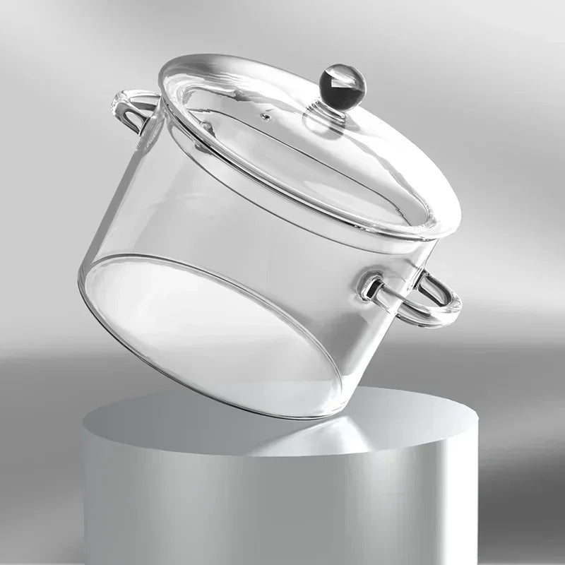 Cocotte en Verre 16cm Résistante – Pour Soupes & Ragoûts Maison avec couvercle transparent et poignées métalliques