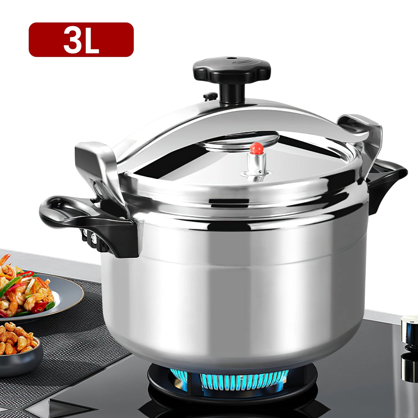 Cocotte-Minute 3L/7L en Aluminium brillante avec poignée noire sur feu de cuisinière