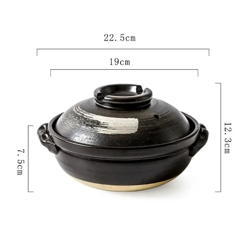 Cocotte terre cuite avec couvercle 19 cm noire avec poignées et dimensions visibles