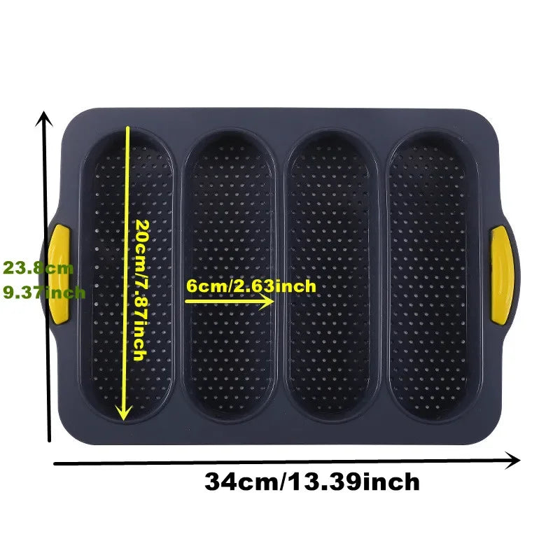 Moule à Pain & Burgers en Silicone – Antiadhésif, Durable. Moule 4 cavités allongées noir avec poignées jaunes 34x23,8 cm