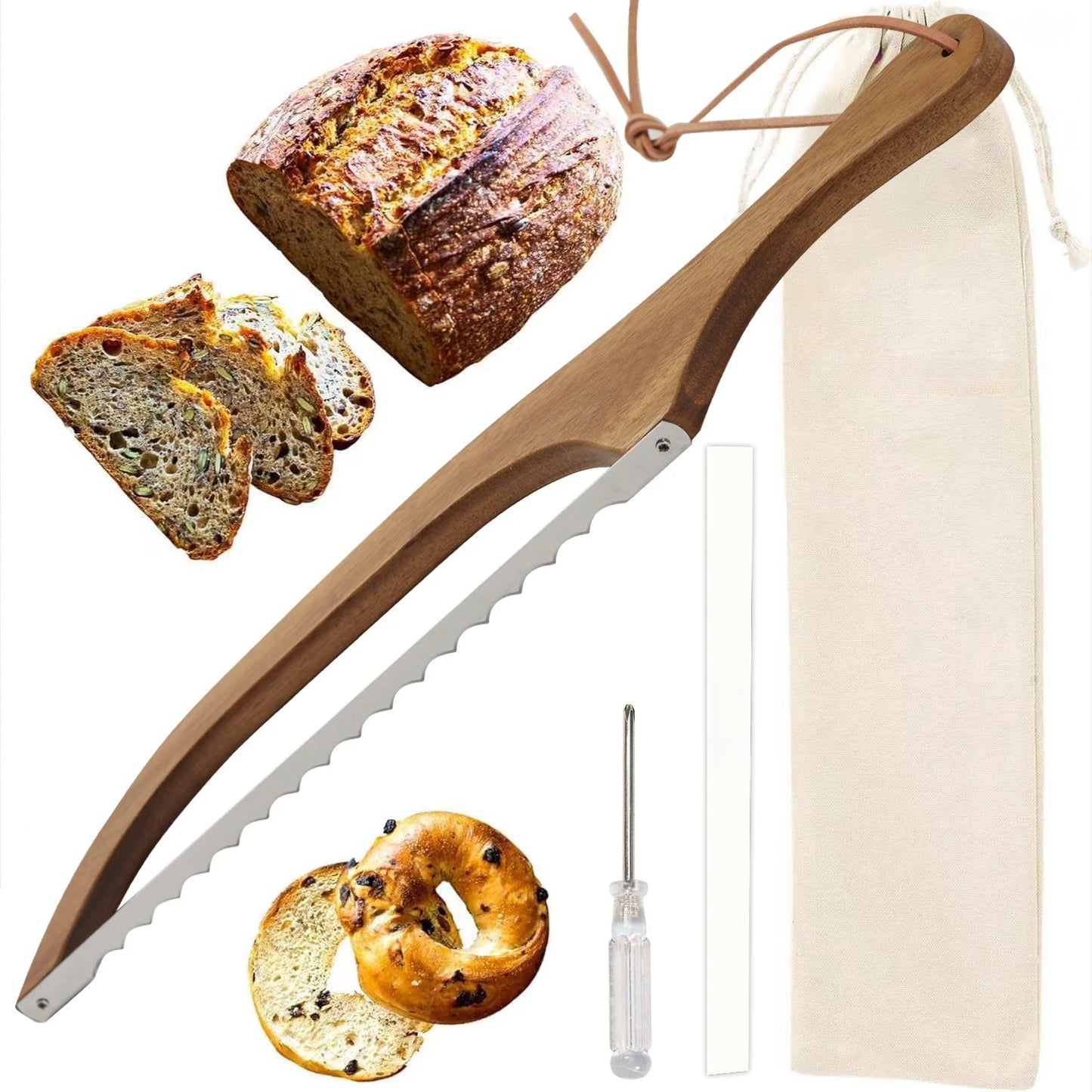 Couteau à Pain Dentelé Inox & Bois – Coupe Sans Miettes avec manche en bois et lame dentelée, sac de rangement inclus