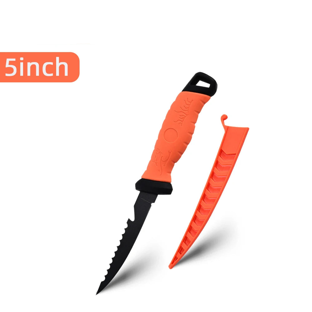 Couteau à Poisson Pro – Lame Inox Ultra Tranchante 5 à 9 pouces avec manche orange antidérapant et fourreau