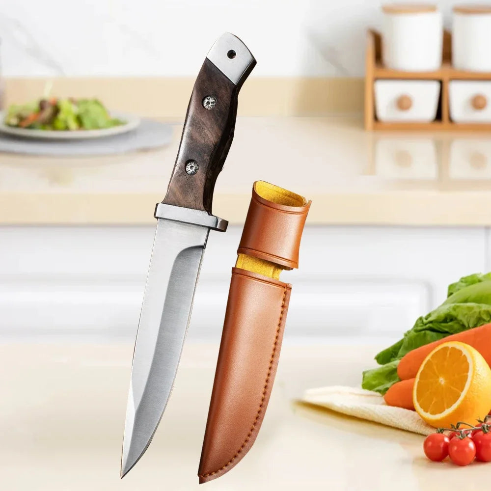 Couteau Cuisine Forgé 14 cm – Lame Acier 4CR13 Tranchante avec manche en bois et étui en cuir brun