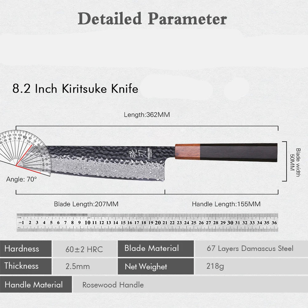 Couteau Kiritsuke Damas 67 Couches – Lame 20,7 cm Bois avec manche en bois de rose