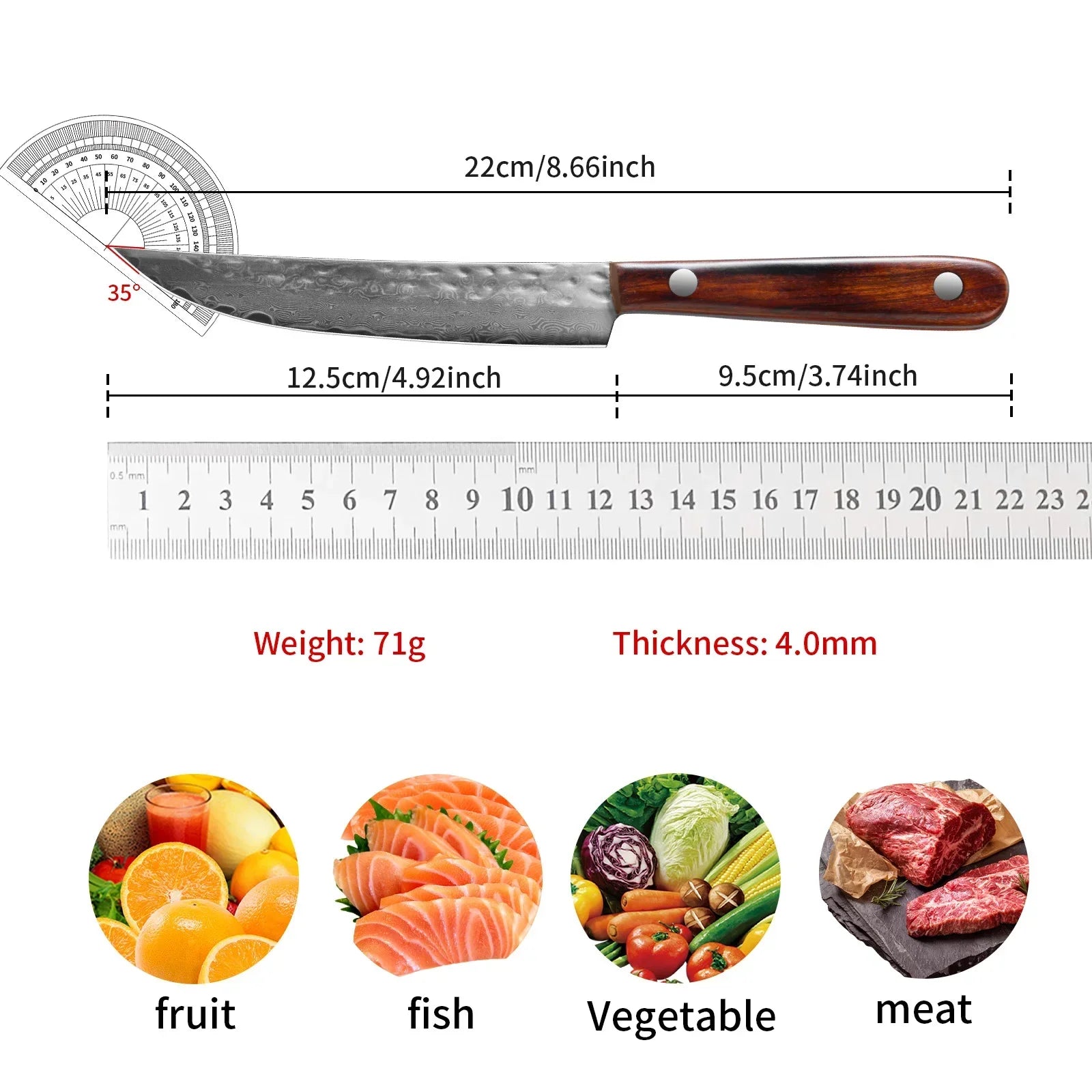 Couteau Office Japonais Damas – Lame Tranchante 12,5 cm avec manche en bois et angle de 35 degrés