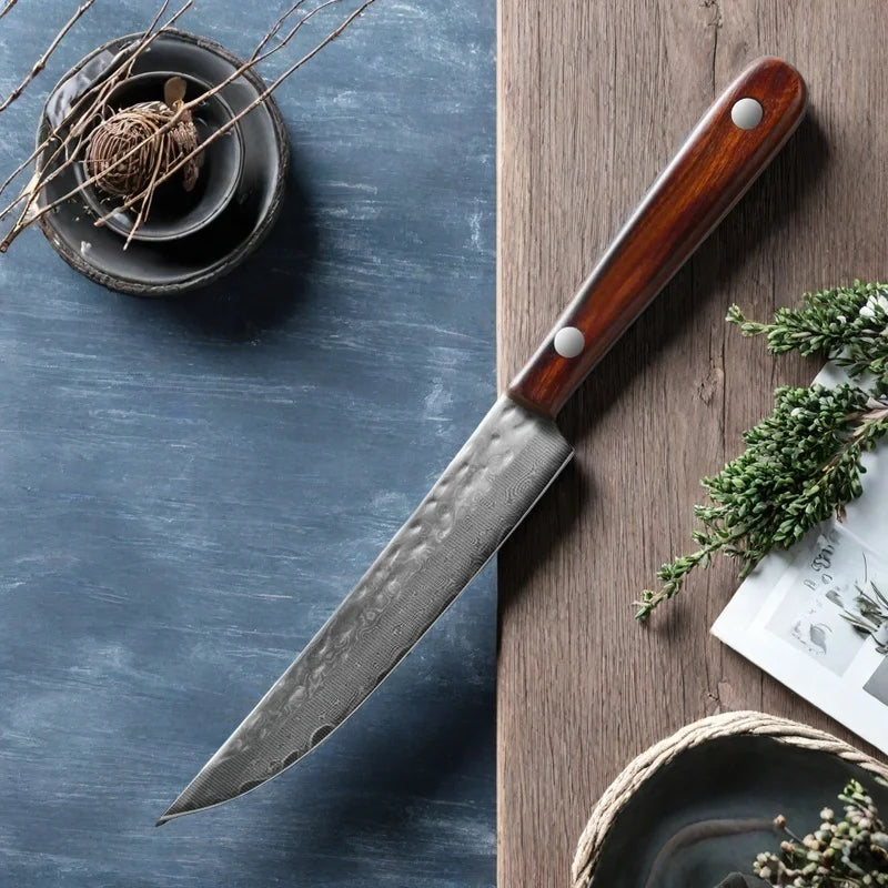 Couteau Office Japonais Damas – Lame Tranchante 12,5 cm avec manche en bois foncé sur surface bois et décor