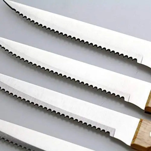 Couteaux à Steak Inox – Lames Dentelées, Manche Bois – Lot 4/6/8 Pièces avec lames brillantes et poignées en bois