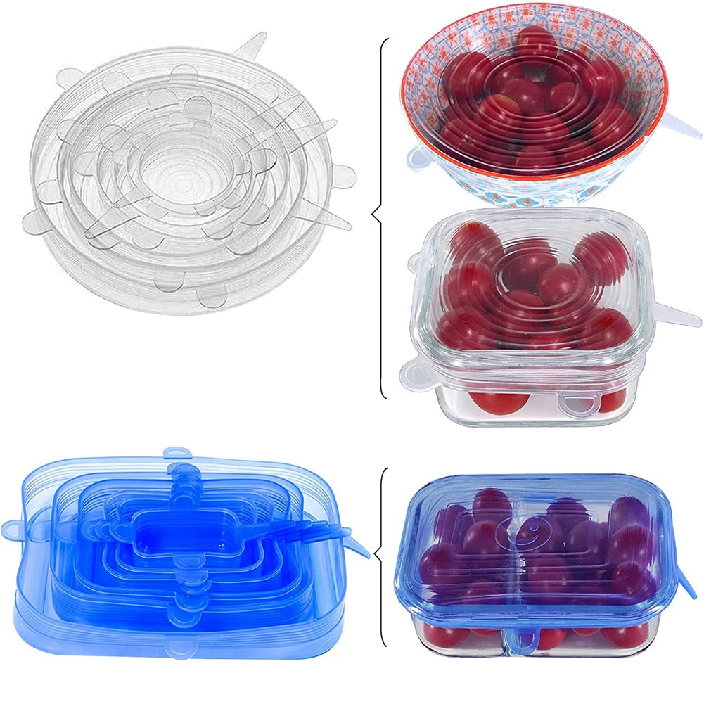 Couvercles Silicone Étanches – 6 / 12 pièces Réutilisables. Couvercles extensibles transparents et bleus pour bols et boîtes, avec tomates