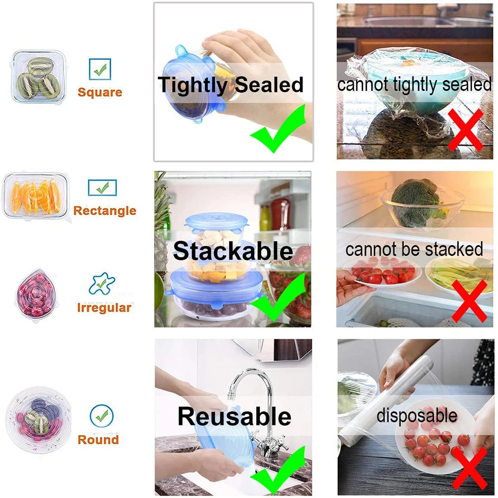 Couvercles Silicone Étanches – 6 / 12 pièces Réutilisables. couvercles extensibles en silicone pour bols, plats et réfrigérateur