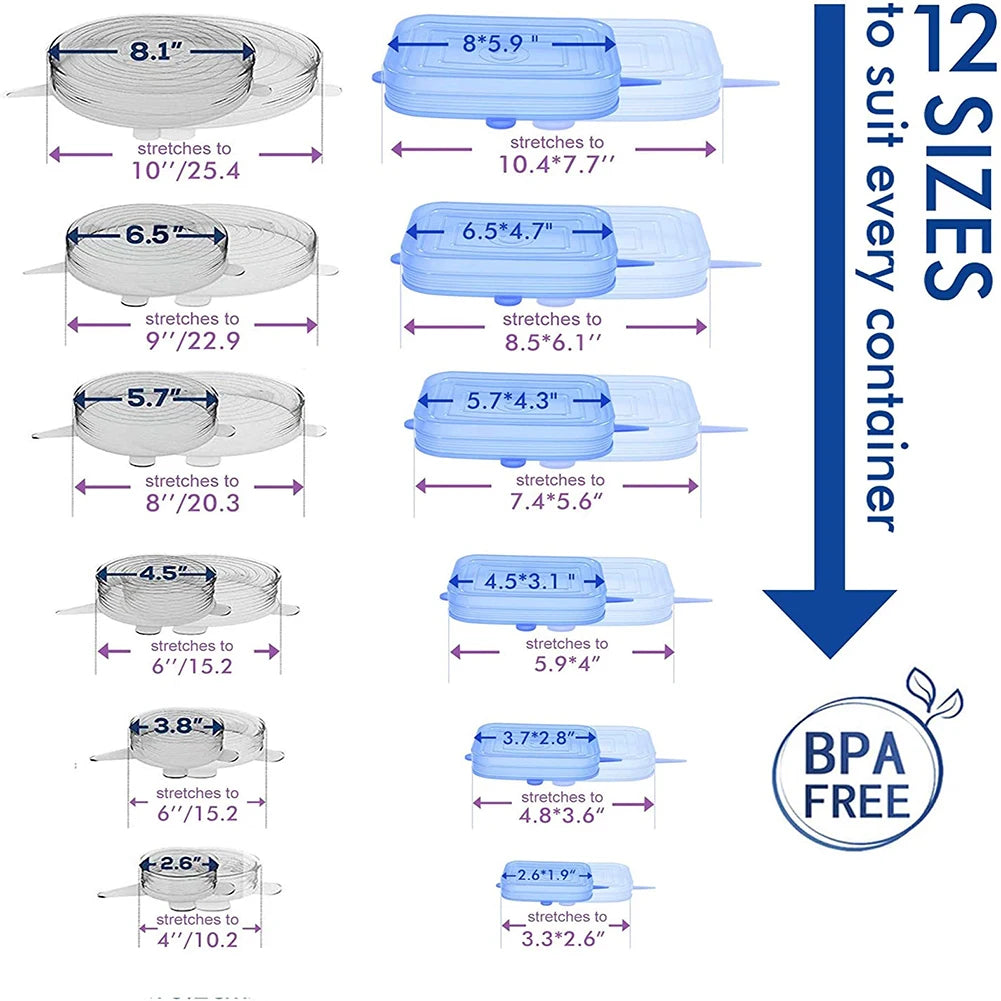 Couvercles Silicone Étanches – 6 / 12 pièces Réutilisables. Ensemble 12 tailles extensibles silicone bleu sans BPA