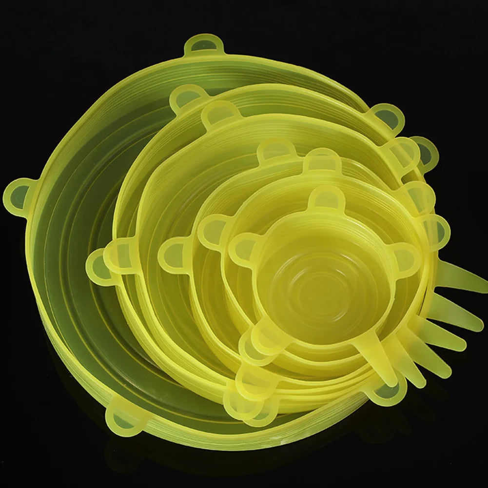 Couvercles Silicone Étanches – 6 / 12 pièces Réutilisables, couvercles extensibles silicone jaune empilés pour bols et contenants