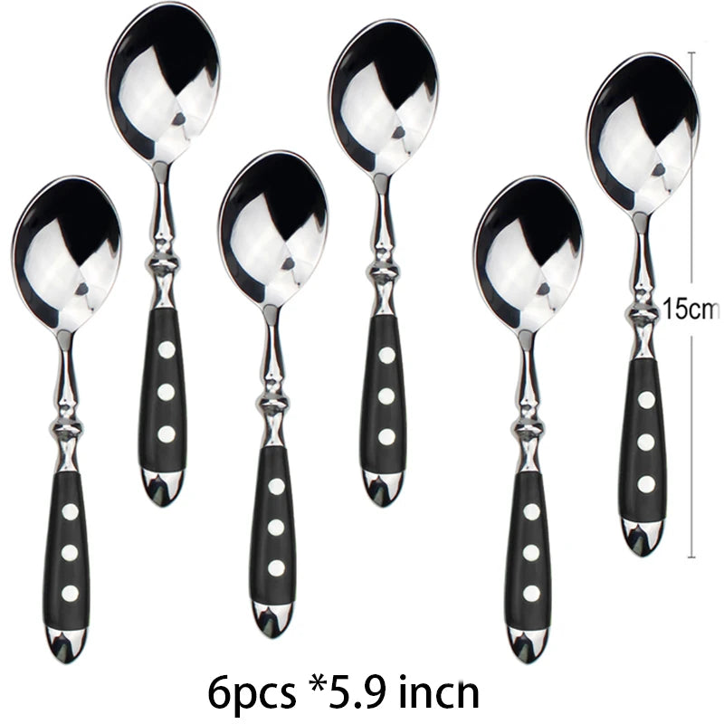 Set de 6 cuillères élégantes avec poignées noires et motifs, parfait pour un service raffiné