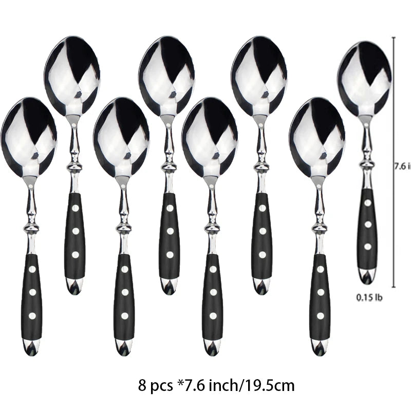 Set de 8 cuillères élégantes en acier inoxydable avec un design noir et argenté, Couverts Élégants Choix Couteaux, Fourchettes ou Cuillères