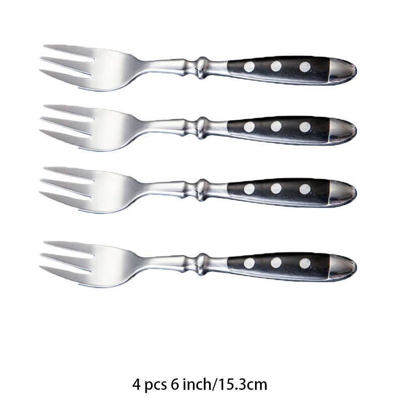 Set de 4 fourchettes élégantes en acier inoxydable avec poignées noires à pois, Couverts Élégants Choix Couteaux, Fourchettes ou Cuillères