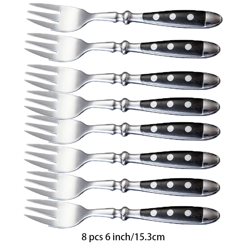 Ensemble de 8 fourchettes élégantes de 6 pouces avec poignées noires à pois blancs, Couverts Élégants Choix Couteaux, Fourchettes ou Cuillères