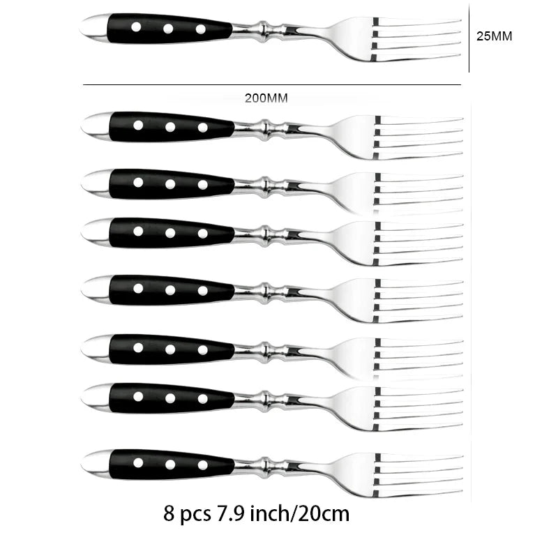 Ensemble de 8 fourchettes élégantes de 20 cm avec poignées noires à pois, Couverts Élégants Choix Couteaux, Fourchettes ou Cuillères