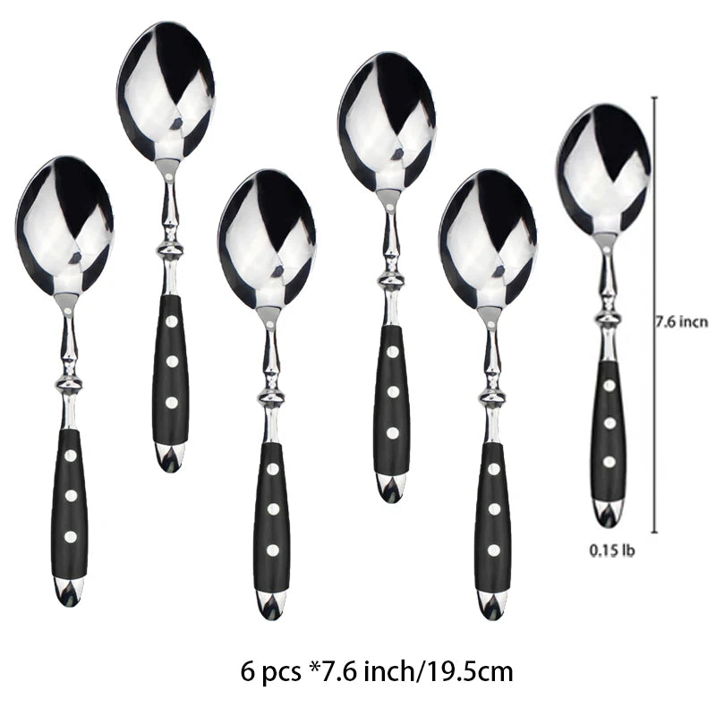 Ensemble de 6 cuillères élégantes en acier inoxydable avec poignées noires, Couverts Élégants Choix Couteaux, Fourchettes ou Cuillères