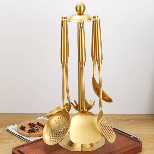 Ensemble de couverts en acier inoxydable doré avec support pour ustensiles de cuisine élégant