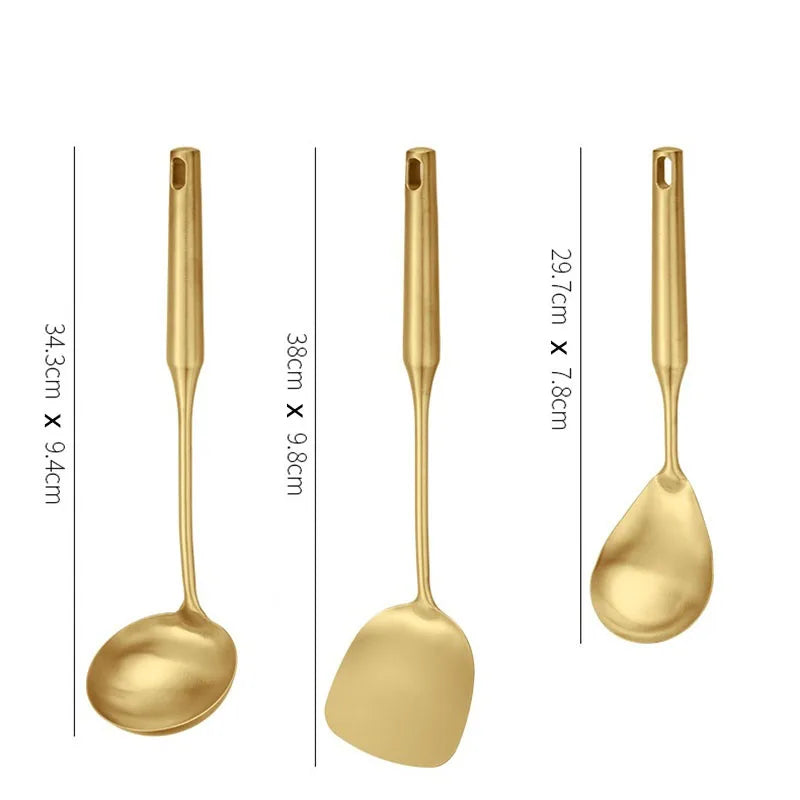 Ensemble de trois Couverts en Acier Inoxydable Doré pour cuisine avec différentes tailles et formes