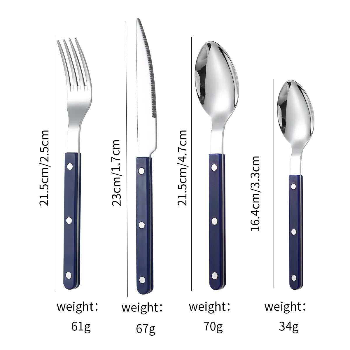 Couverts en Inox – Set Élégant 1 personne comprenant une fourchette, un couteau et une cuillère avec poignées bleues
