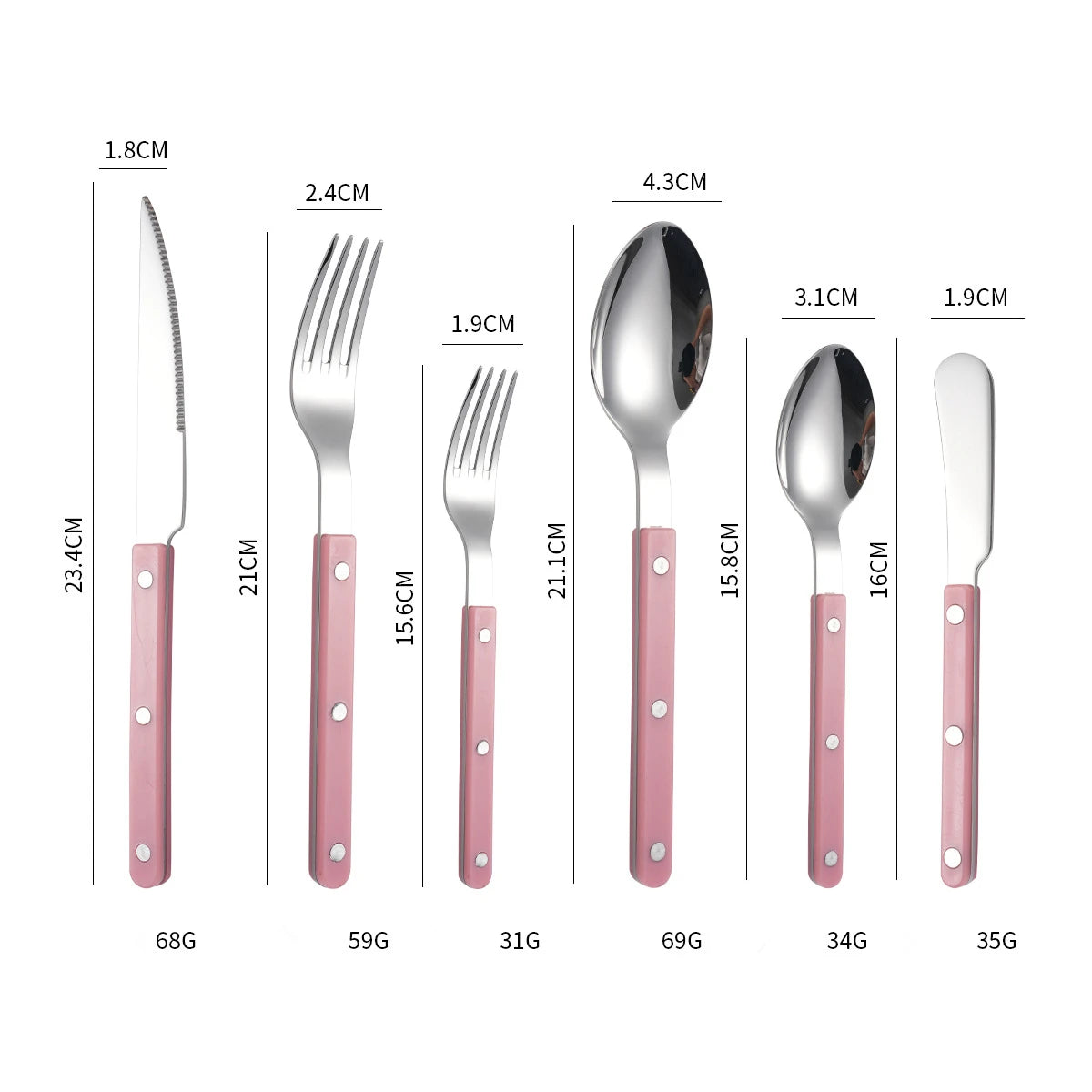 Couverts en Inox – Set Élégant 1 personne avec poignées roses, comprenant couteau, fourchette et cuillère