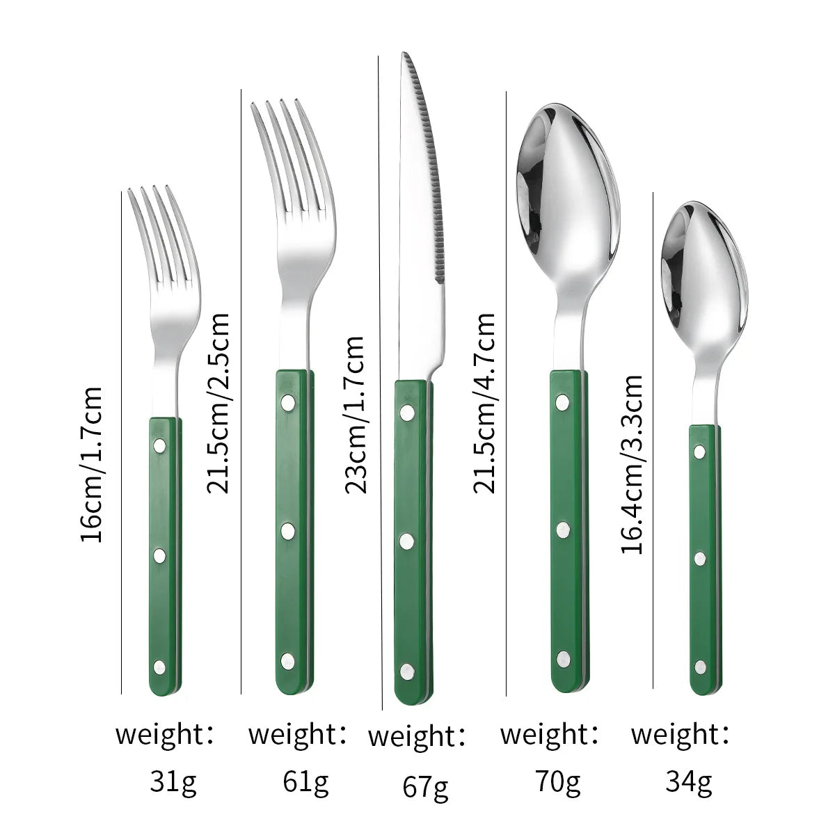 Couverts en Inox – Set Élégant 1 personne avec fourchette, couteau, cuillère et poignées vertes