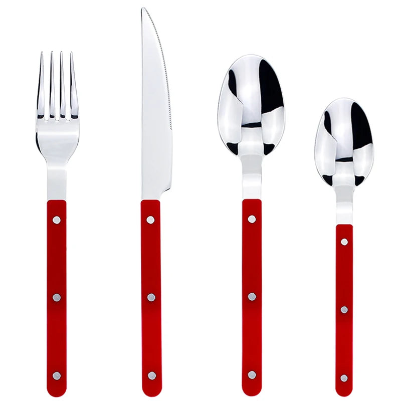 Couverts Inox 18/10 Premium Kit Complet 4 Pièces avec poignées rouges élégantes pour dîners raffinés