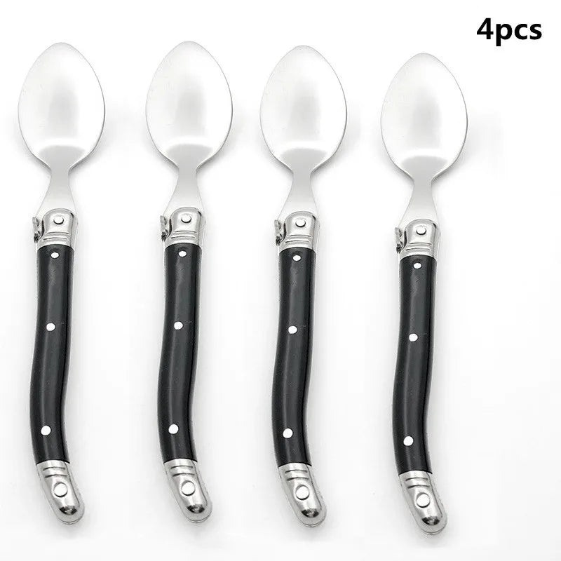 Cuillères à Café Laguiole – Acier Inox 304, 4 pcs avec poignées noires élégantes et design classique.