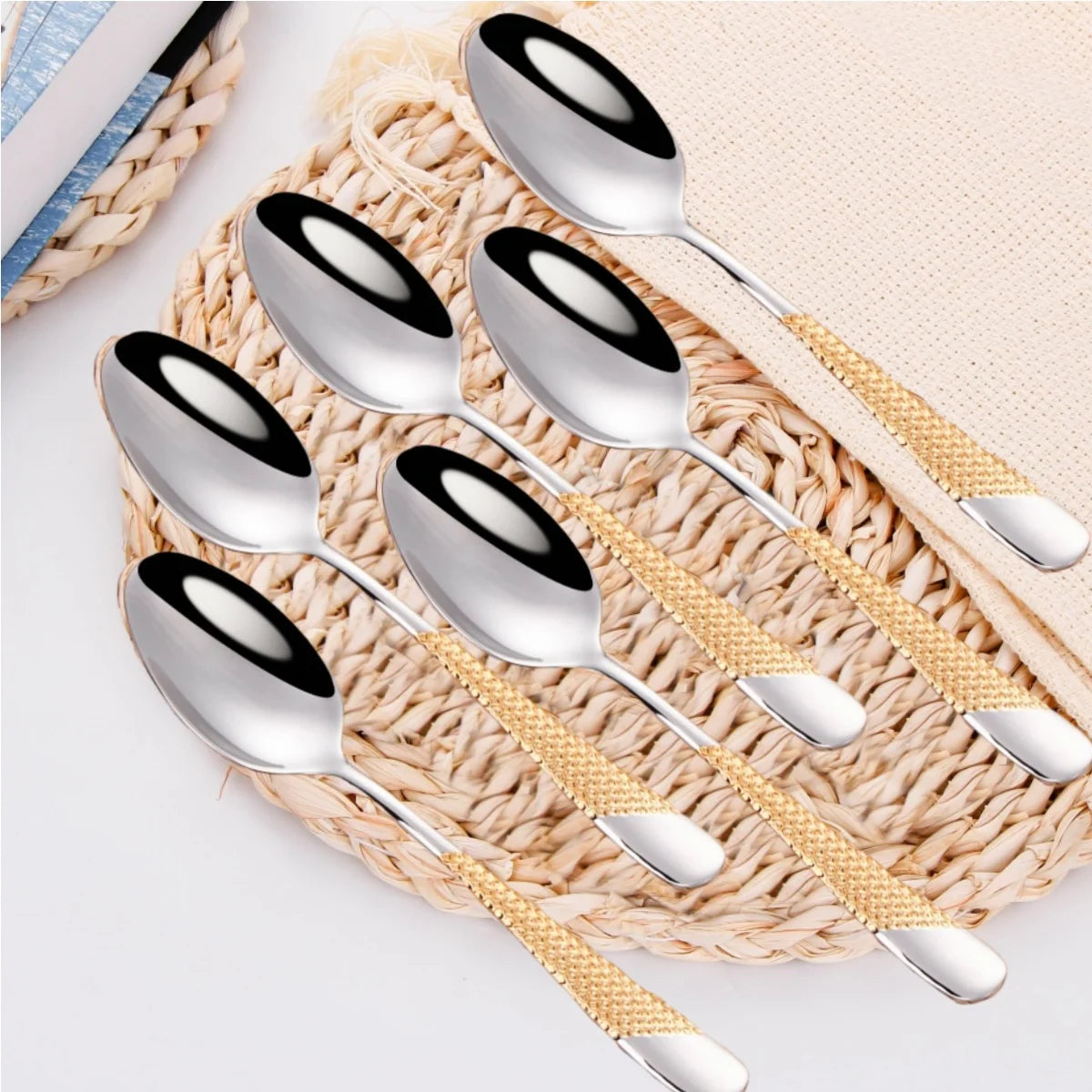 Set de six cuillères à soupe Luxe Royal en acier inoxydable avec poignées en jute élégantes