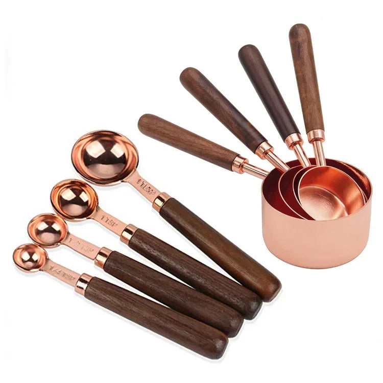 Set de cuillères doseuses Inox bois avec manches en bois foncé et cuillères en acier inoxydable cuivrées