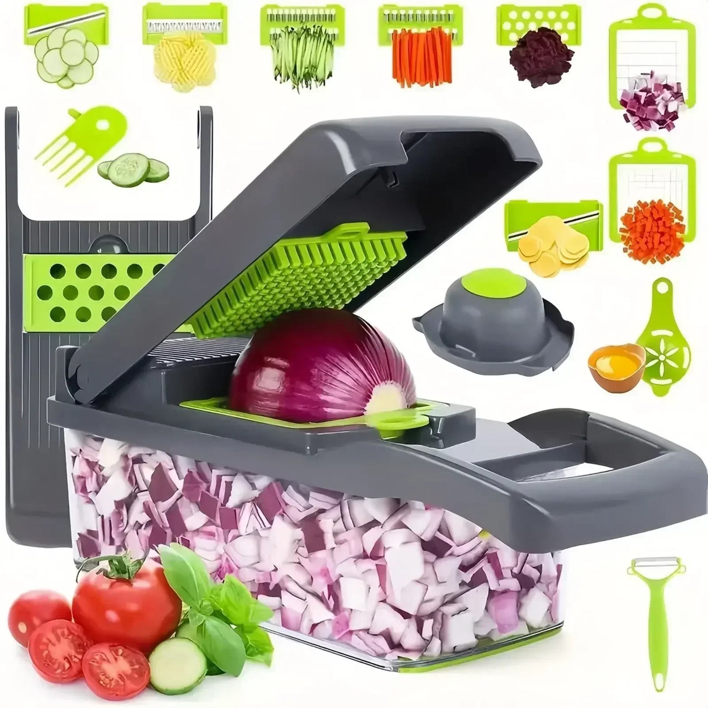 Coupe-Légumes Multifonction 16 en 1 – Cuisine Express avec plusieurs lames vertes et bac de collecte transparent
