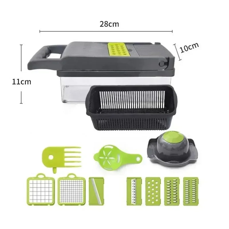 Coupe-Légumes Multifonction 16 en 1 – Cuisine Express avec plusieurs accessoires verts et boîte transparente