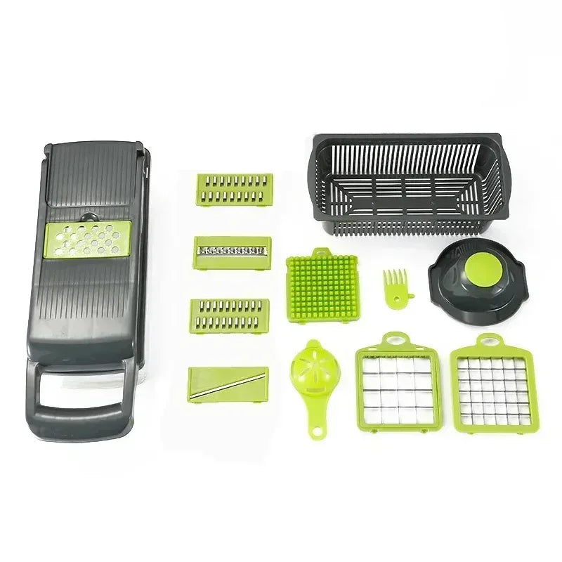 Coupe-Légumes Multifonction 16 en 1 – Cuisine Express avec accessoires verts et noirs pour découper légumes