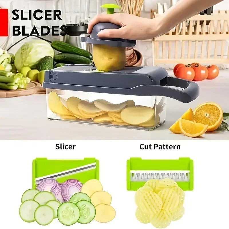 Coupe-Légumes Multifonction 16 en 1 – Cuisine Express avec lames pour trancher légumes et fruits en plusieurs motifs