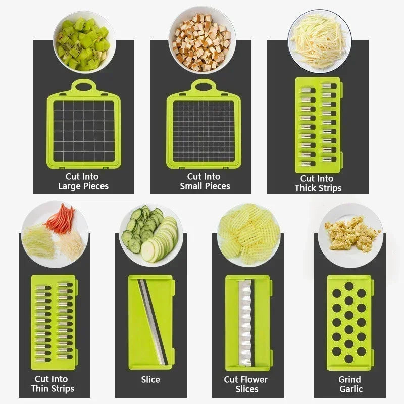 Coupe-Légumes Multifonction 16 en 1 – Cuisine Express avec différentes lames pour trancher légumes en morceaux, fines bandes, tranches et hacher