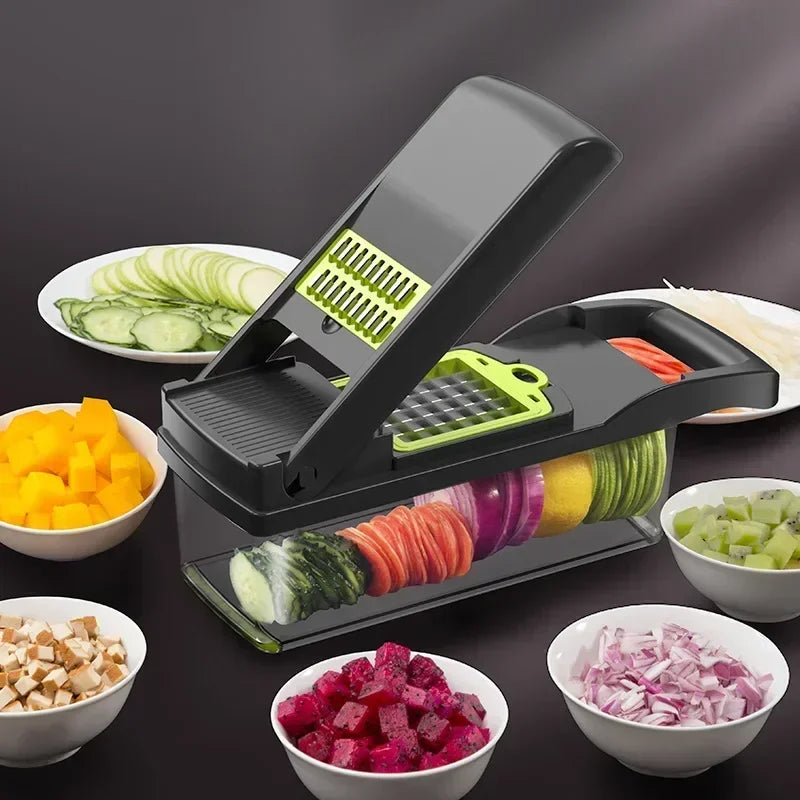 Coupe-Légumes Multifonction 16 en 1 – Cuisine Express Ustensile de chef avec plusieurs lames et légumes coupés variés
