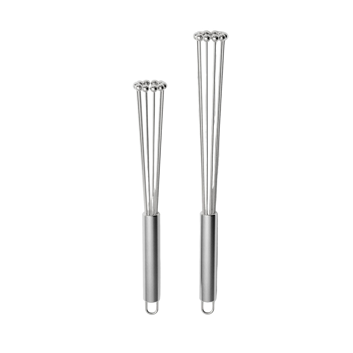 Fouet à œufs inox 304 - durable, éco-friendly et performant. Deux fouets inox de tailles différentes avec poignée ergonomique