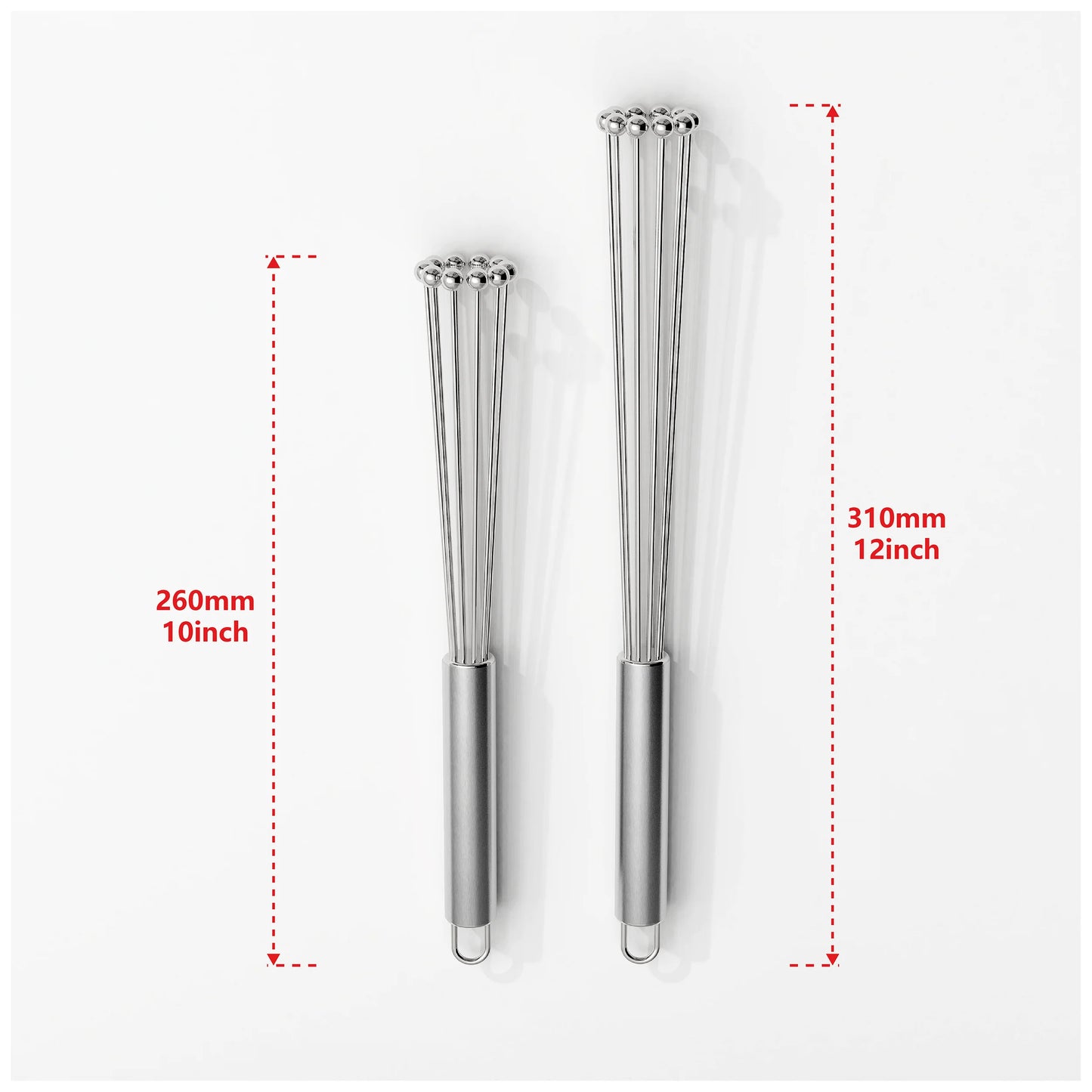 Fouet à œufs inox 304 - durable, éco-friendly et performant. Deux fouets inox 10 et 12 pouces avec poignée argentée et anneau