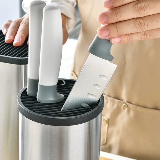 Range-Couteaux Inox Compact – Rangement Cuisine Pratique bloc inox cylindrique avec couteaux à manches gris insérés