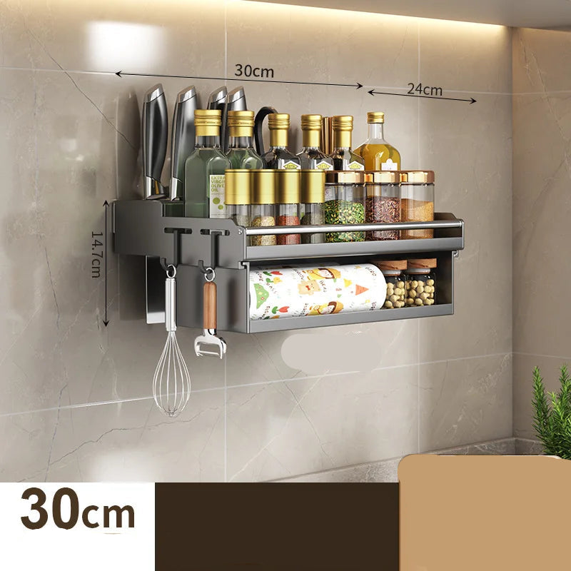 Étagère Murale Cuisine 30/40/50 cm – Rangement Multi-Fonction Ustensile de chef étagère grise avec bocaux et couteaux