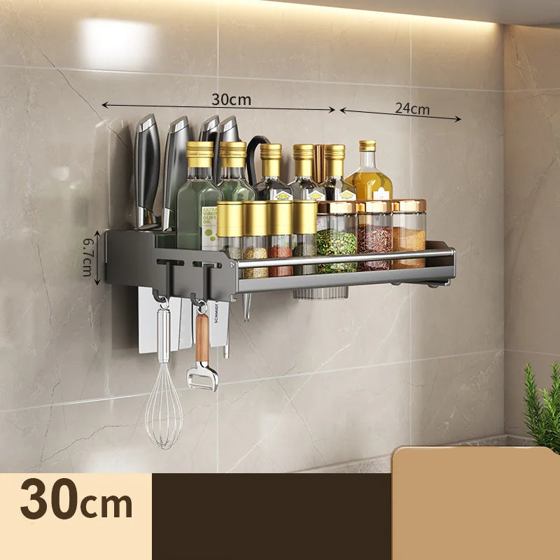Étagère Murale Cuisine 30/40/50 cm – Rangement Multi-Fonction en acier pour bouteilles, épices, couteaux et ustensiles