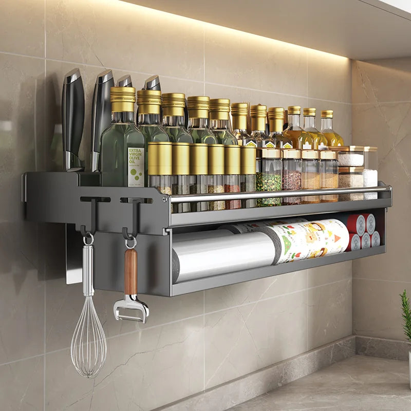 Étagère Murale Cuisine 30/40/50 cm – Rangement Multi-Fonction en acier gris avec bocaux bouteilles couteaux et porte essuie-tout