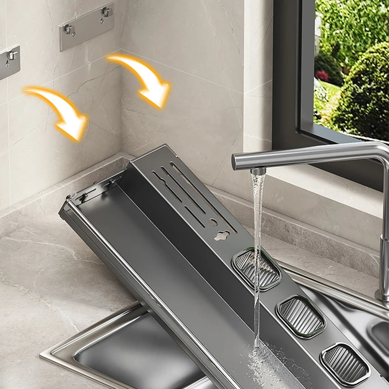 Étagère Murale Cuisine 30/40/50 cm – Rangement Multi-Fonction en inox posée au dessus de l'évier, gouttière et fixations visibles