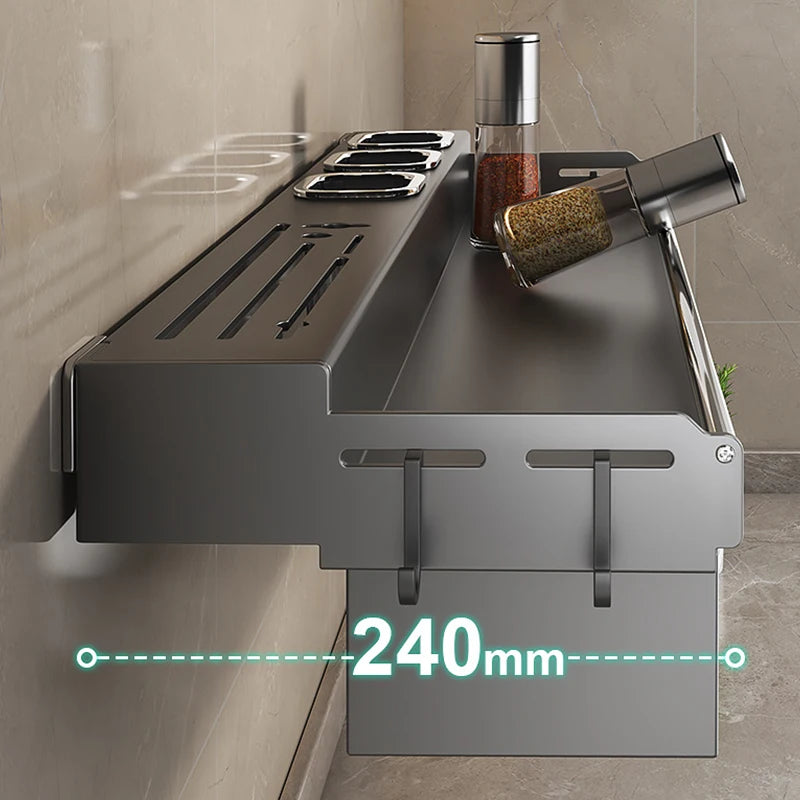 Étagère Murale Cuisine 30/40/50 cm – Rangement Multi-Fonction. en acier inox pour épices et ustensiles, crochets